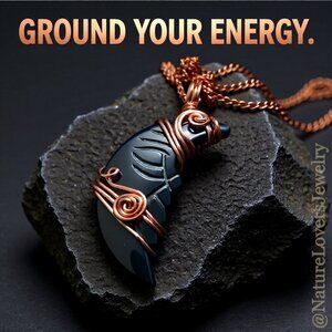 Wire Wrapped Carved Hematite Moon Pendant + 18" Chain! Grounding Clarity & Calm